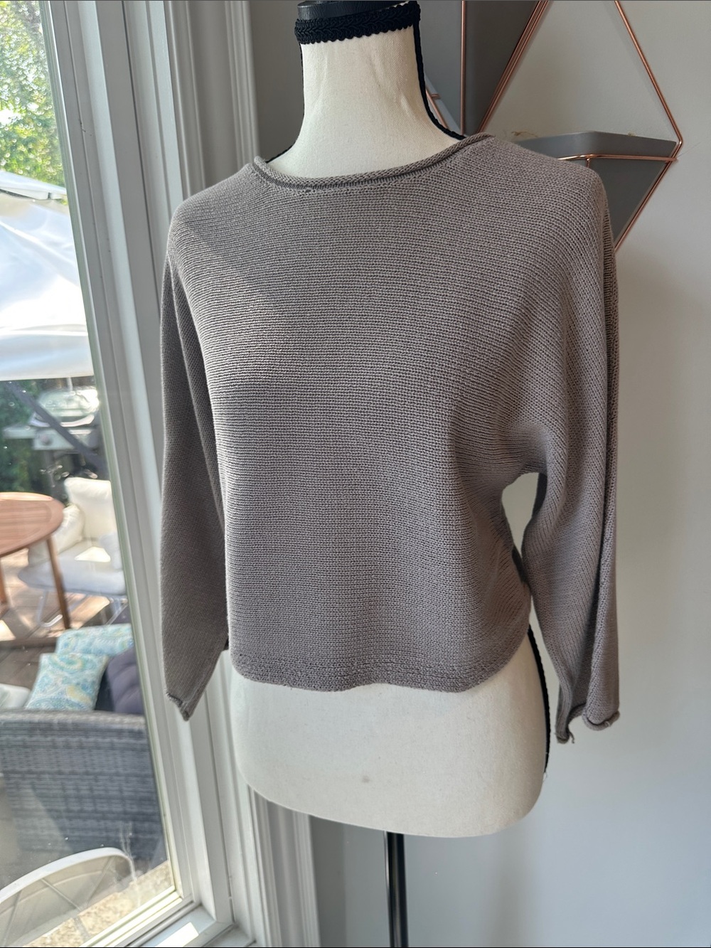 BABATON ARITZIA Rolled Neck Taupe Gray Knit Sweater 3/4 Sleeve Cotton Size XS